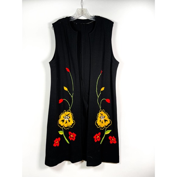 Vintage Jackets & Blazers - Vintage 100% Wool Long Black Vest with Embroidered Flowers Size 20.5